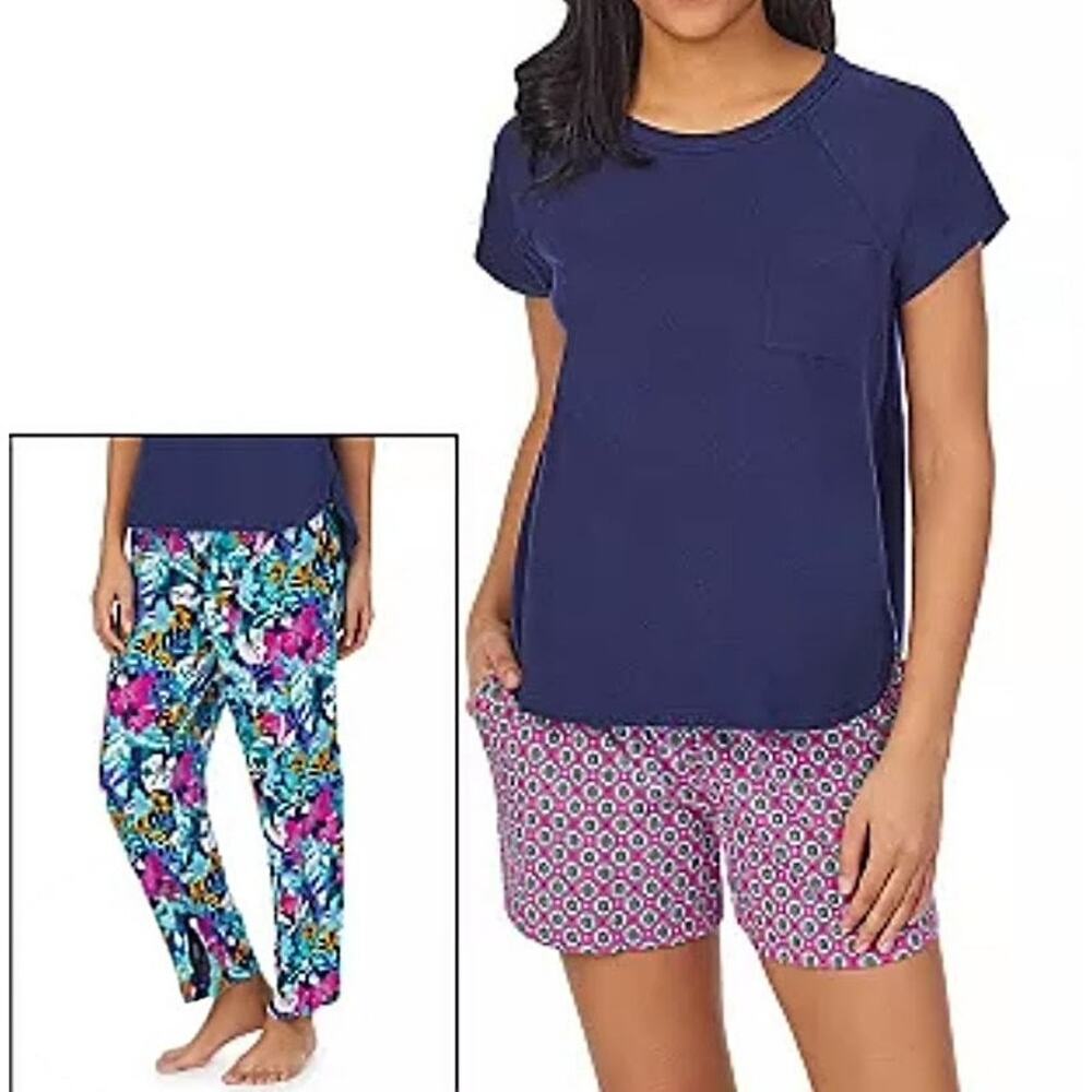 Cuddl Duds NWT 3-piece PJ set top pajama pants shorts Large blue pink green
